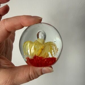 Glass Paperweight with Yellow and Red Floral Core